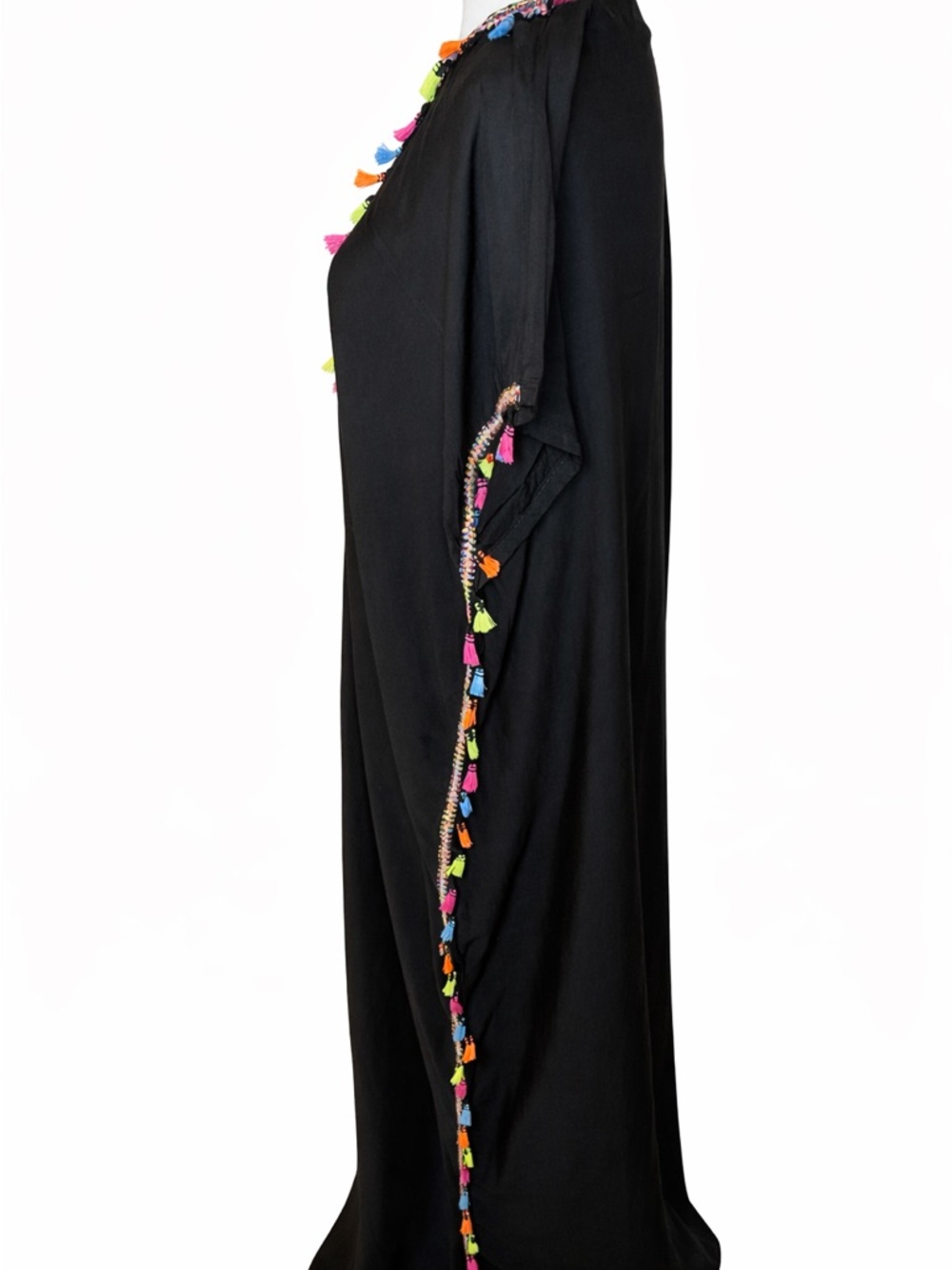 Black Embroidered Caftan Cover-Up with Multicolor Tassels - Picture 2 of 3